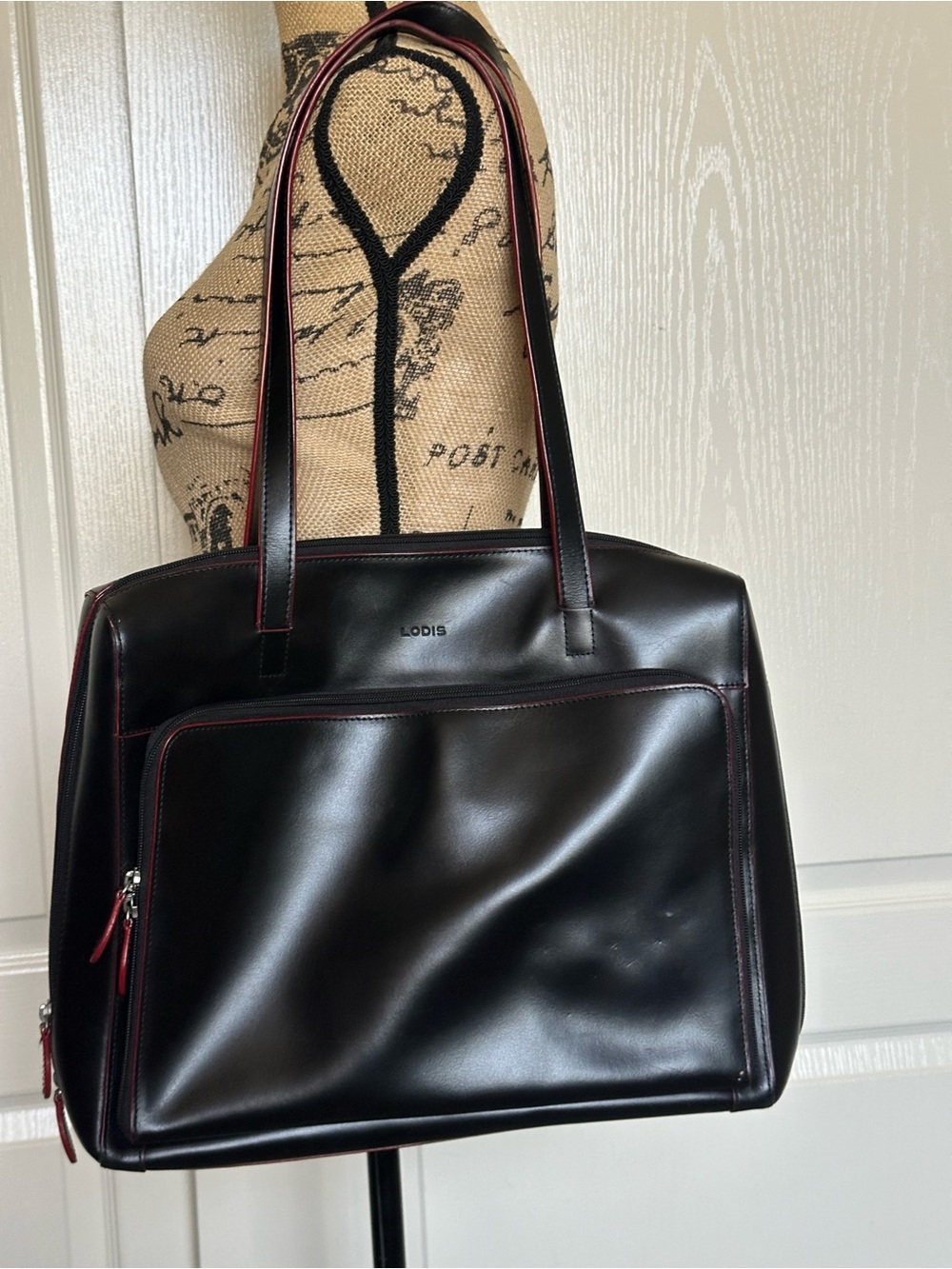 Lodis Black Leather Tote Bag with Red Trim
